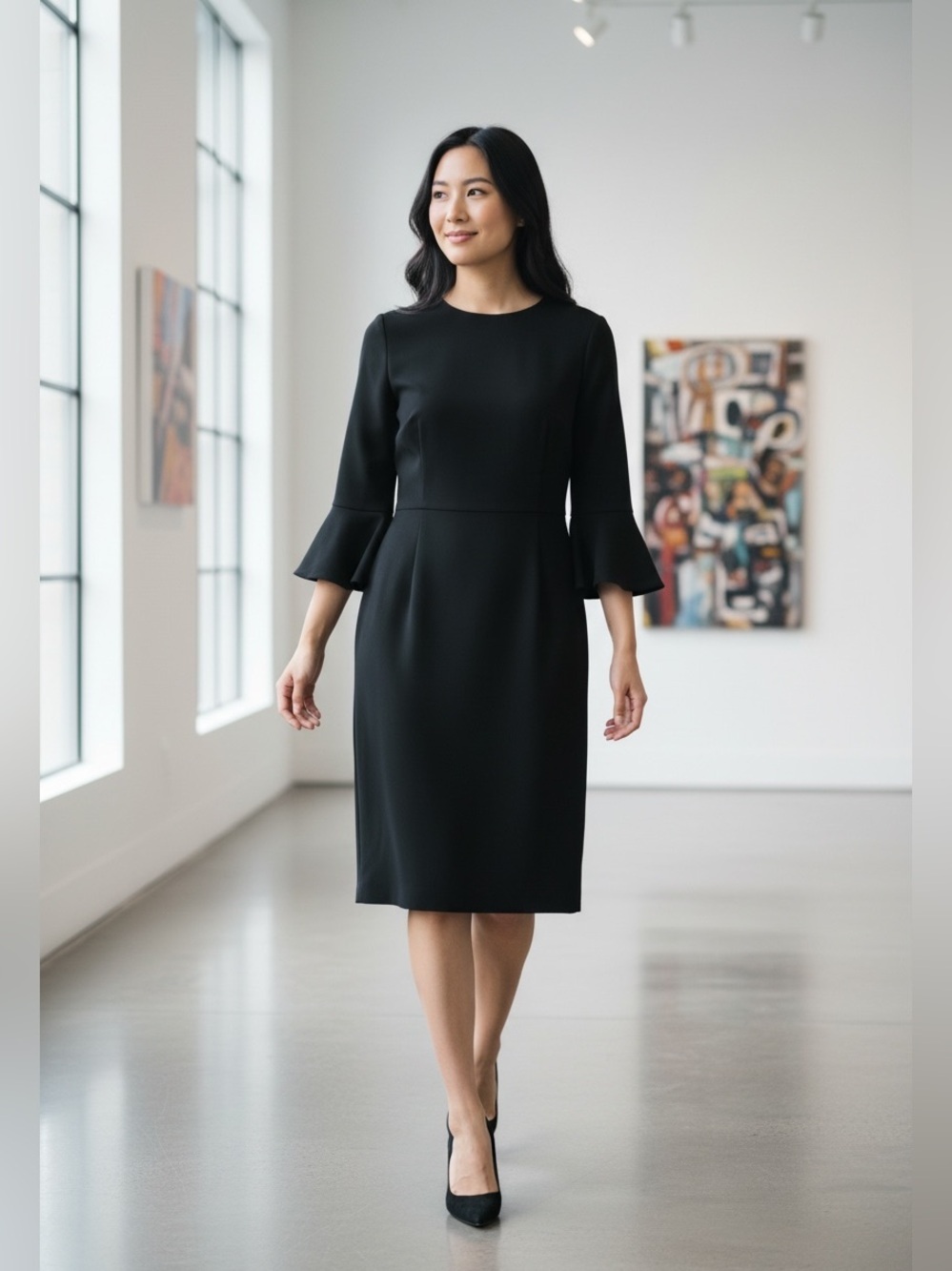 Donna Morgan Black Sheath Round Neck 3/4 Bell Sleeve Ruffle Hem Dress 2